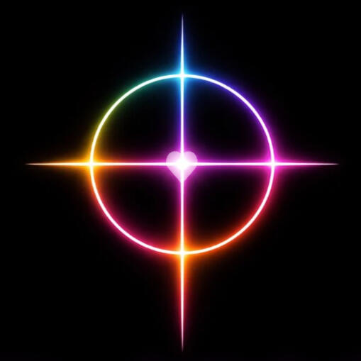 Rewild logo Neon rainbow colors on black, roots spiral on top and then tree on top of spiral