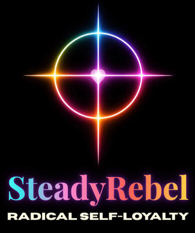 Steady Rebel logo Neon rainbow colors on black, roots spiral on top and then tree on top of spiral